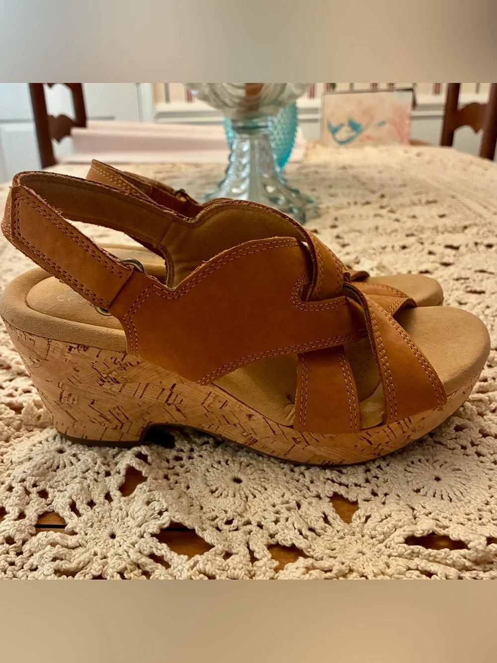 Clarks Giselle Tan Leather Cork Wedge Sandal